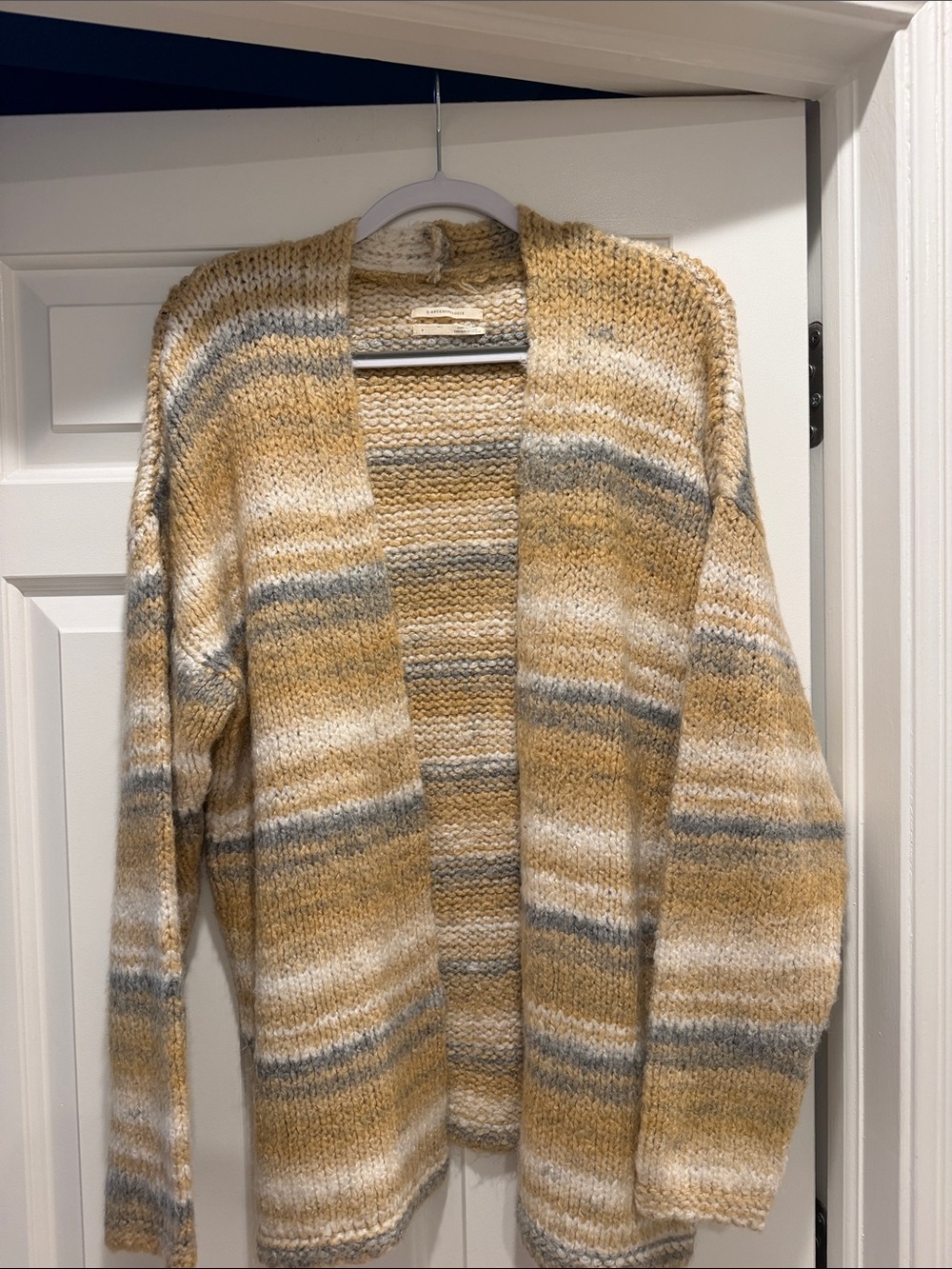 Anthropologie Cozy Striped Open-Front Cardigan Sweater in Mustard and Gray